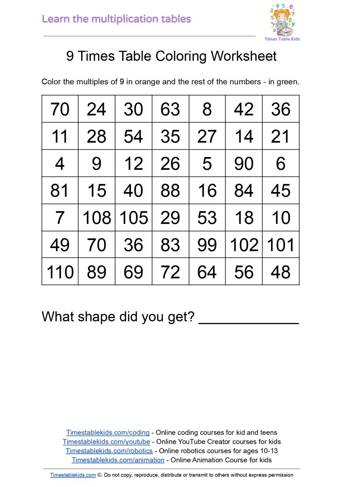 Free Printable 9 Times Tables Worksheets