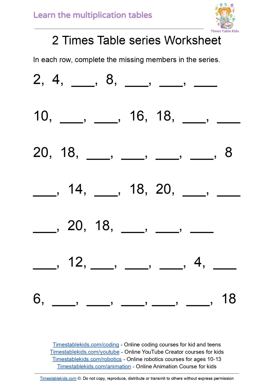 Multiplication tables Worksheets Times Tables Kids