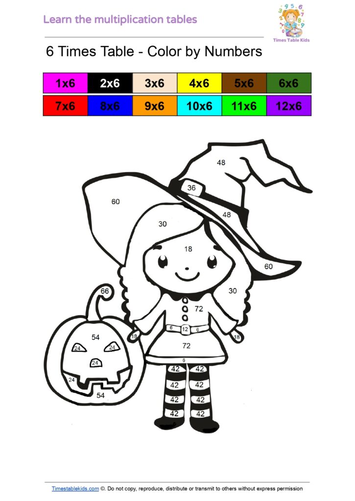 Halloween free 6 times table color by number - TimesTableKids.com