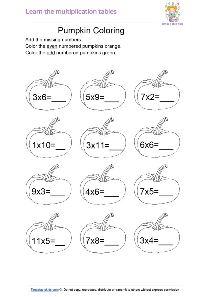 Halloween free pumpkin coloring by product - TimesTableKids.com