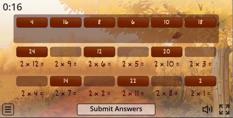 Matching game – 2 times table Game for Thanksgiving