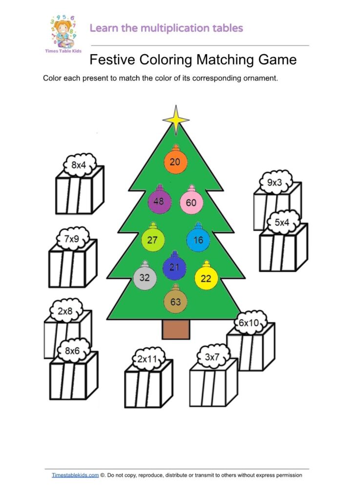 Festive Coloring Matching Game - Free Christmas Multiplication Practice