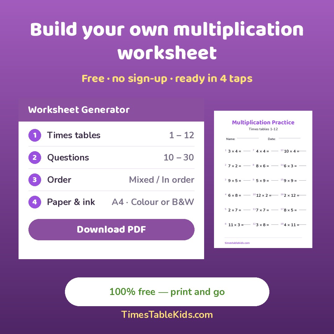 Free multiplication worksheet generator — pick the tables, download the PDF