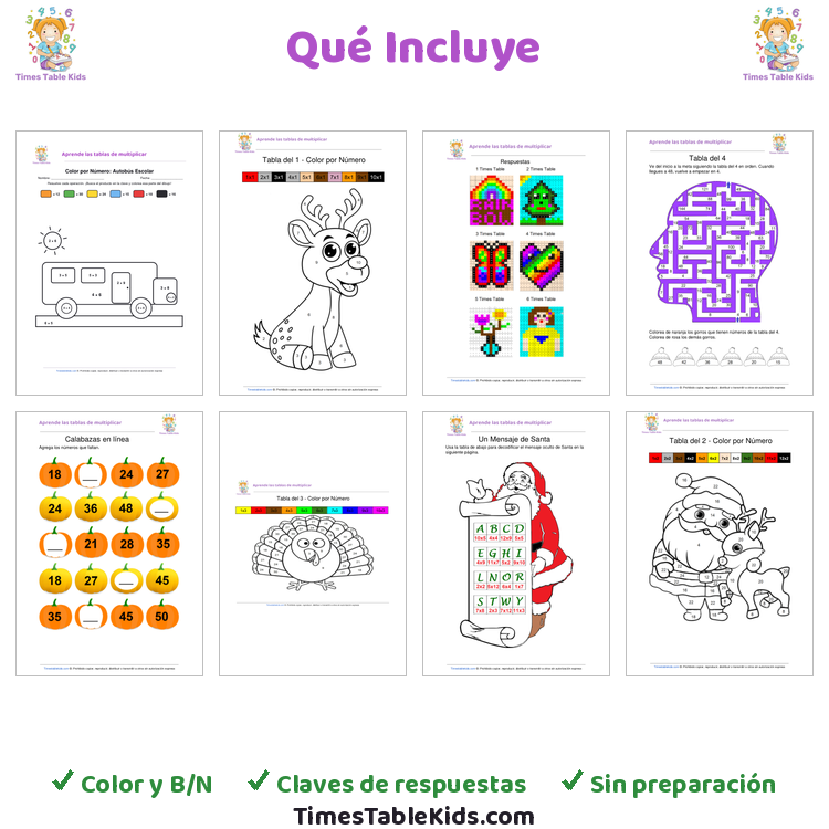 Hojas de multiplicación en español — muestra de páginas