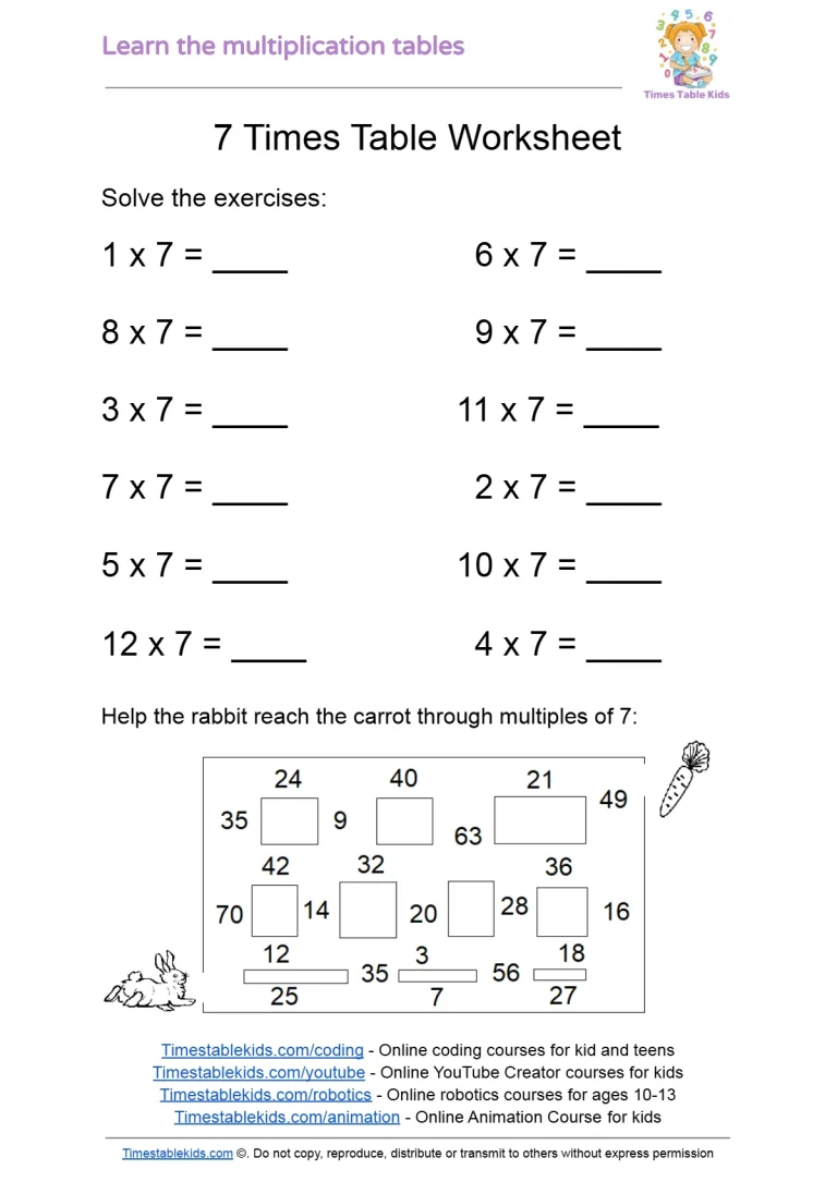 Free printable 7 times table worksheet: 12 multiplication facts and a multiples-of-7 maze from rabbit to carrot