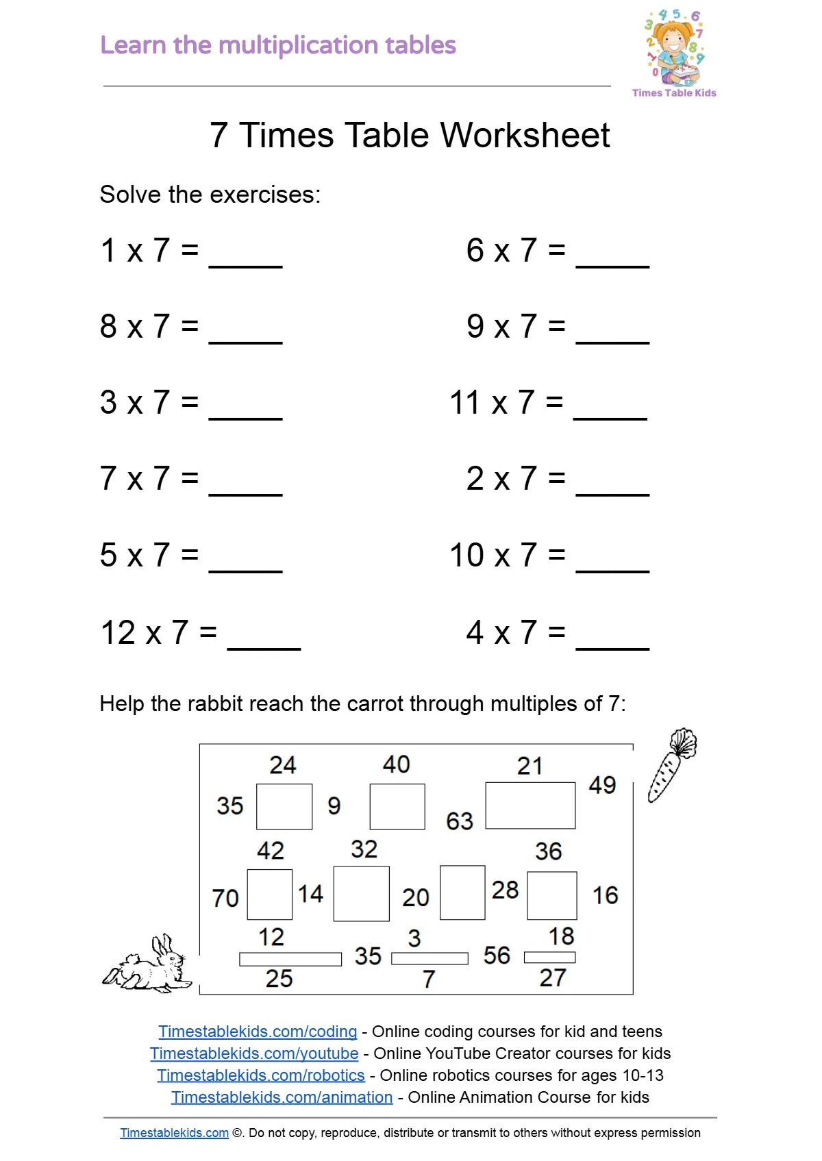 Free printable 7 times table worksheet: 12 multiplication facts and a multiples-of-7 maze from rabbit to carrot