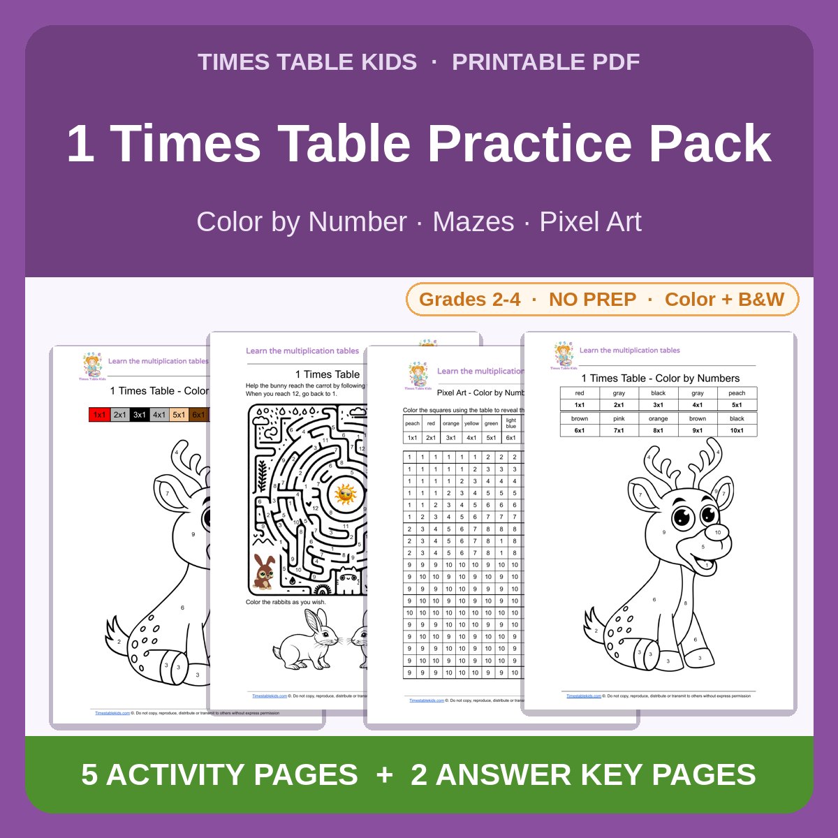1 Times Table Practice Pack — Color by Number, Mazes & Pixel Art