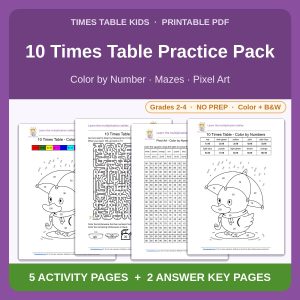 10 Times Table Practice Pack — Color by Number, Mazes & Pixel Art