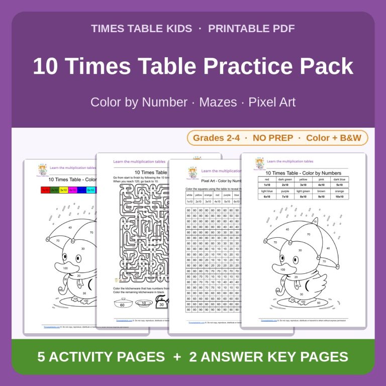 10 times table practice pack cover - color by number, maze and pixel art pages