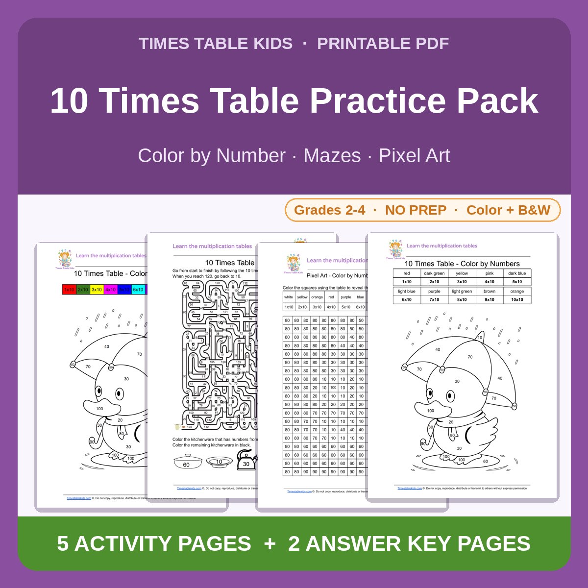 10 Times Table Practice Pack — Color by Number, Mazes & Pixel Art