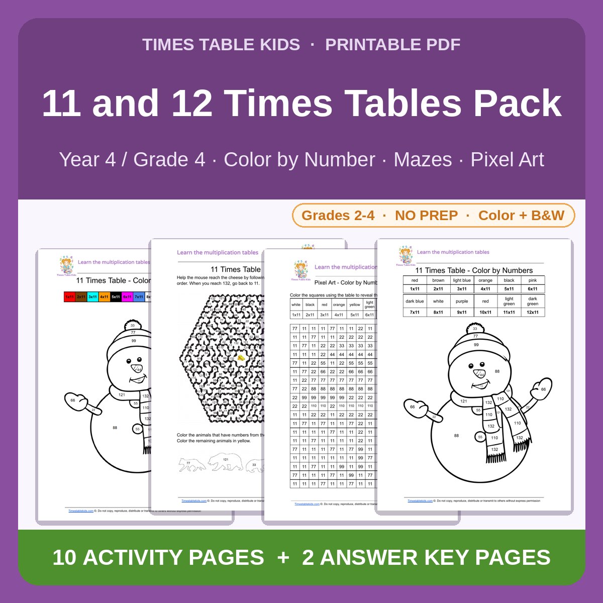 11 and 12 Times Tables Pack — Color by Number, Mazes & Pixel Art