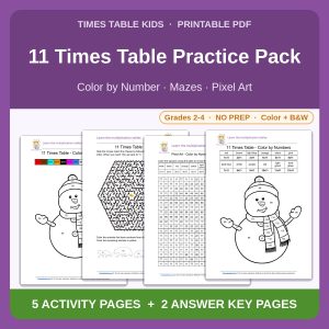 11 Times Table Practice Pack — Color by Number, Mazes & Pixel Art