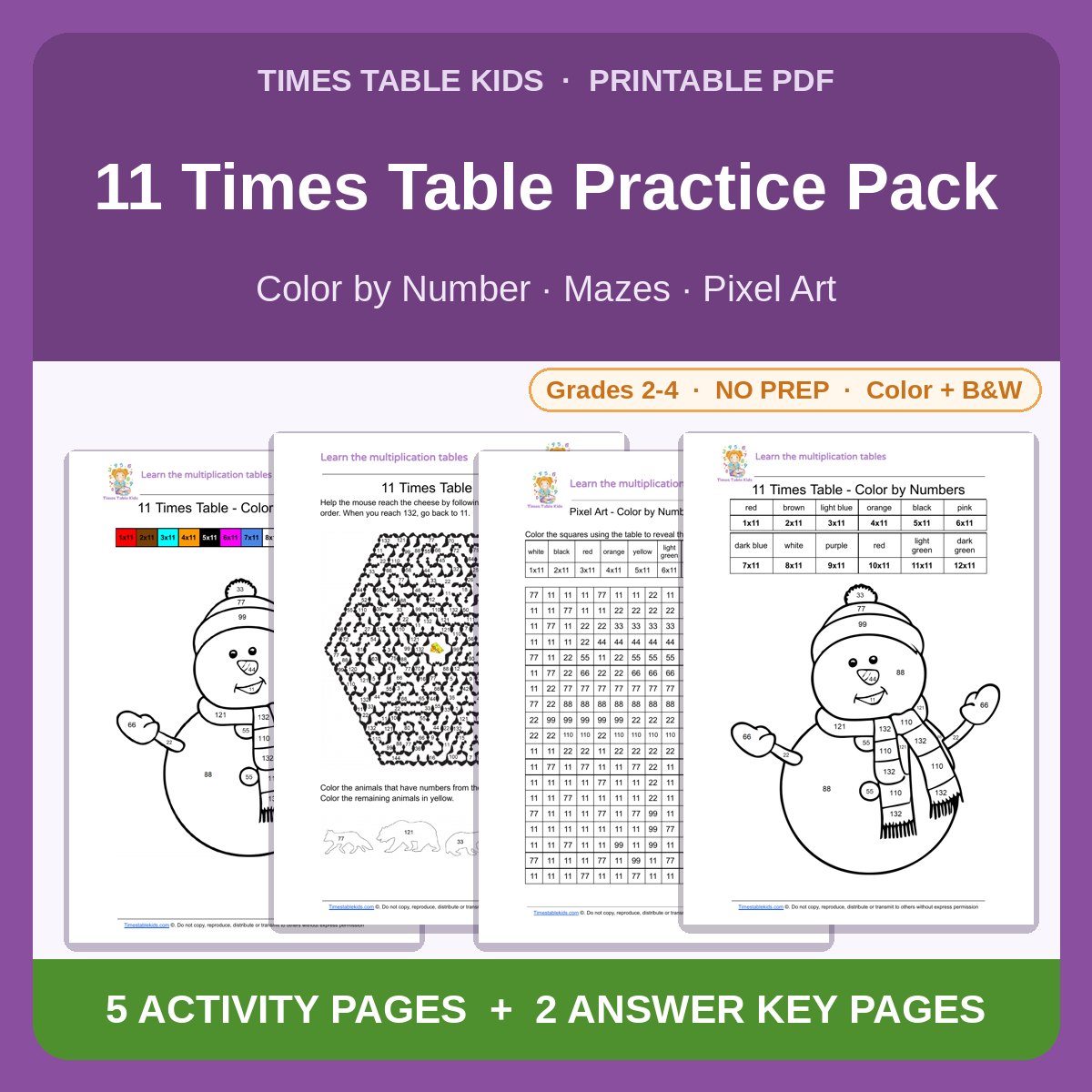 11 Times Table Practice Pack — Color by Number, Mazes & Pixel Art
