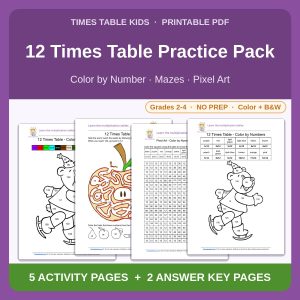 12 Times Table Practice Pack — Color by Number, Mazes & Pixel Art