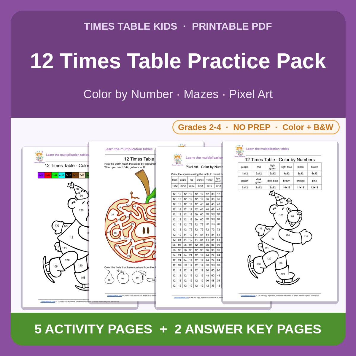 12 Times Table Practice Pack — Color by Number, Mazes & Pixel Art