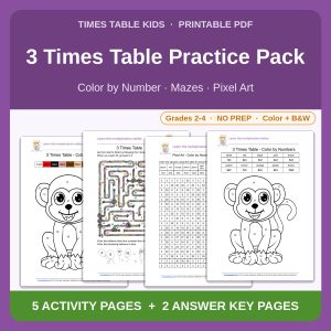 3 Times Table Practice Pack — Color by Number, Mazes & Pixel Art
