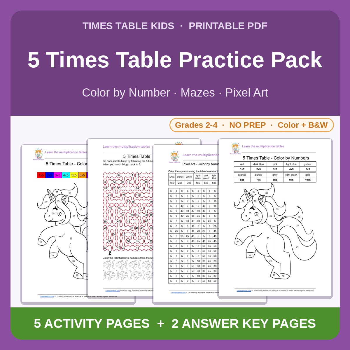 5 Times Table Practice Pack — Color by Number, Mazes & Pixel Art