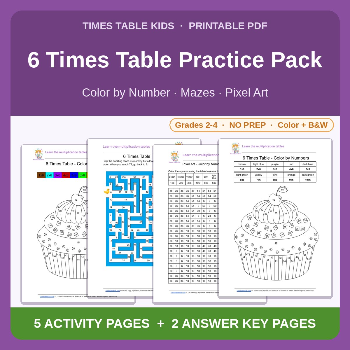 6 Times Table Practice Pack — Color by Number, Mazes & Pixel Art