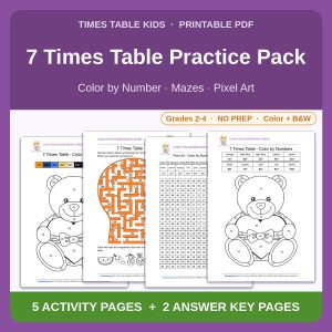 7 Times Table Practice Pack — Color by Number, Mazes & Pixel Art
