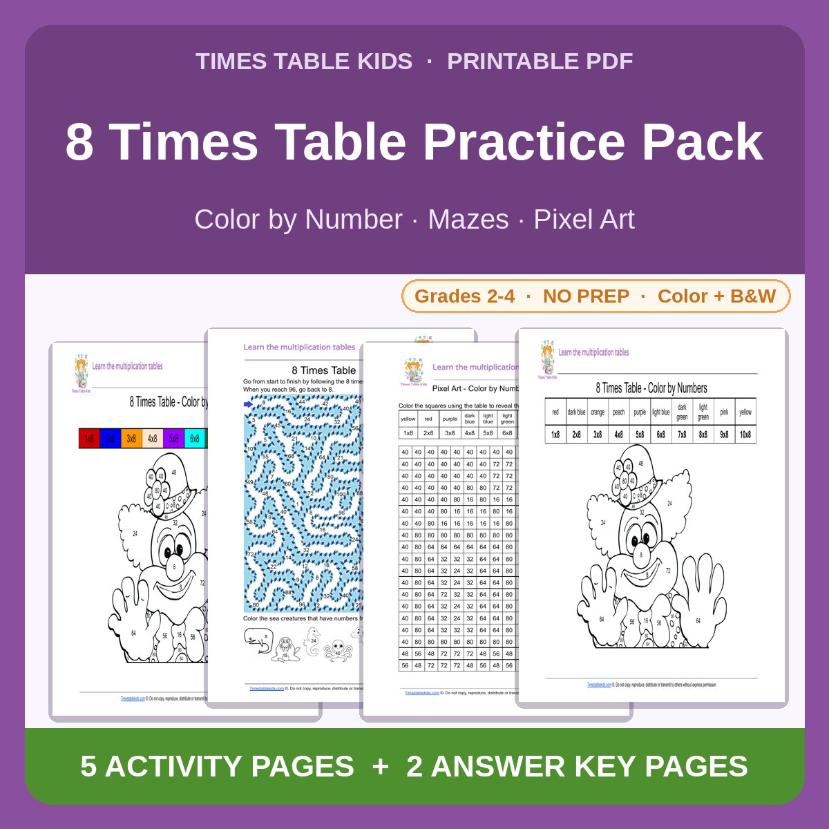 8 Times Table Practice Pack — Color by Number, Mazes & Pixel Art