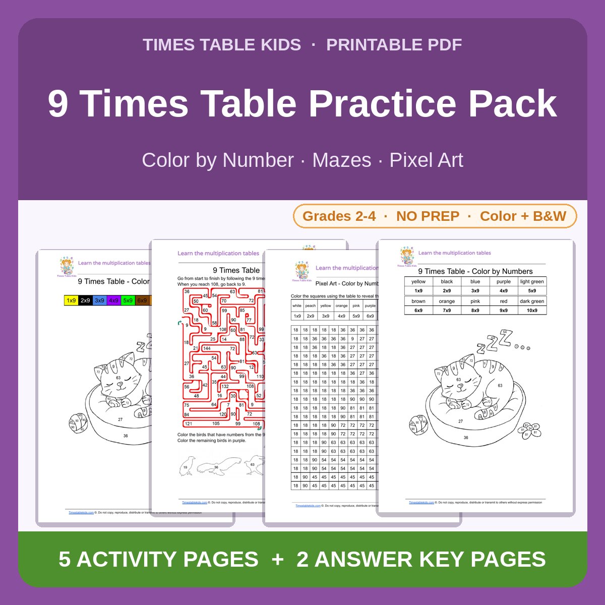 9 Times Table Practice Pack — Color by Number, Mazes & Pixel Art