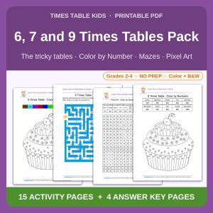 6, 7 and 9 Times Tables Pack — Color by Number, Mazes & Pixel Art