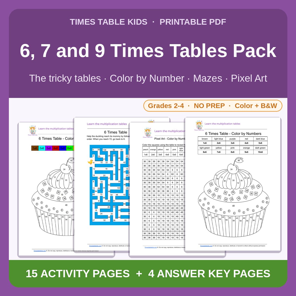 6, 7 and 9 Times Tables Pack — Color by Number, Mazes & Pixel Art