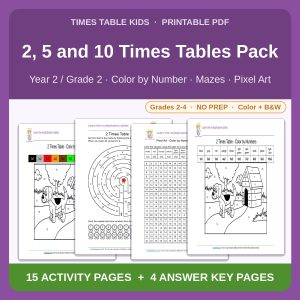 2, 5 and 10 Times Tables Pack — Color by Number, Mazes & Pixel Art