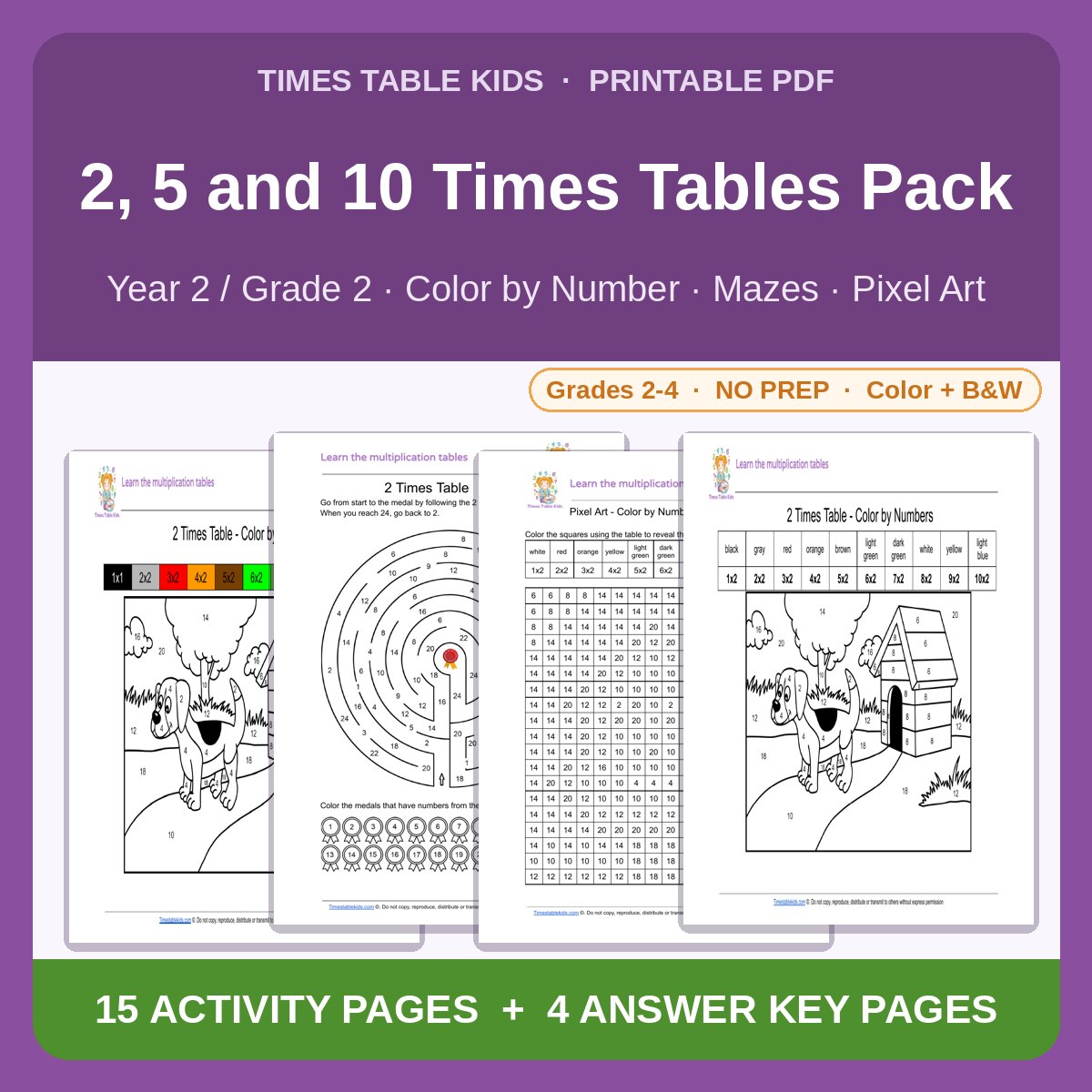 2, 5 and 10 Times Tables Pack — Color by Number, Mazes & Pixel Art