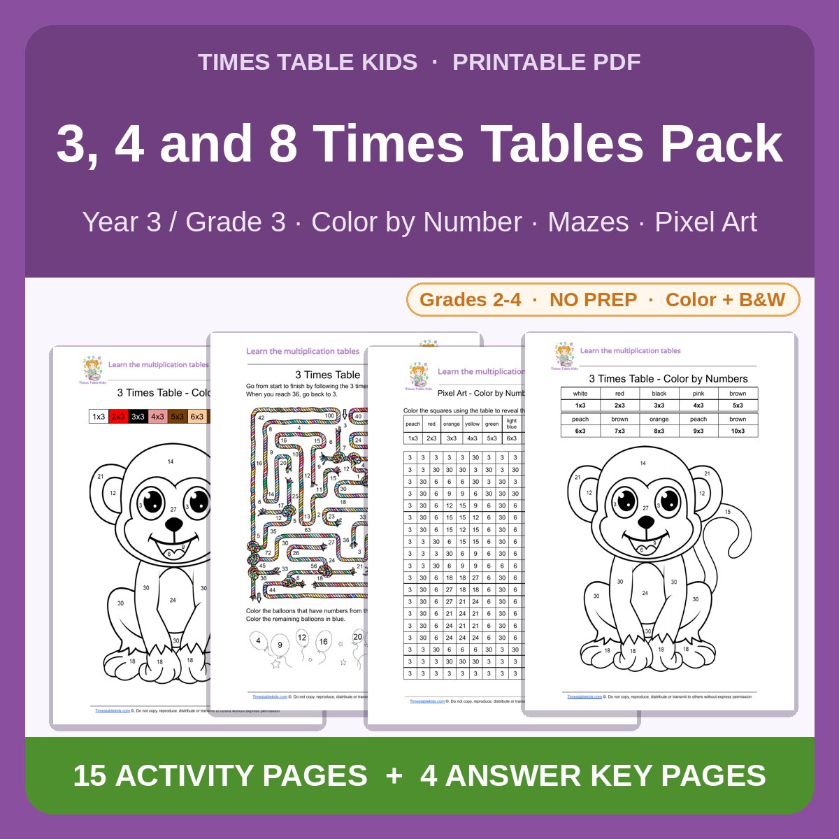 3, 4 and 8 Times Tables Pack — Color by Number, Mazes & Pixel Art