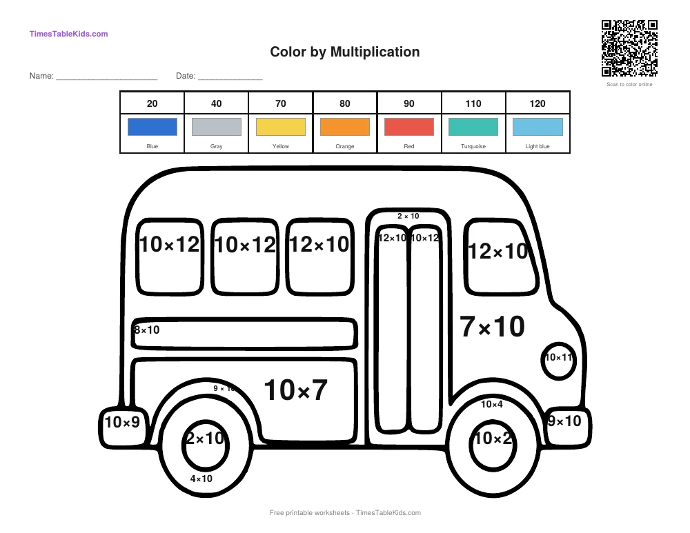 Free back-to-school multiplication color by number worksheet — 10 times table (School Bus), printable PDF with answer key