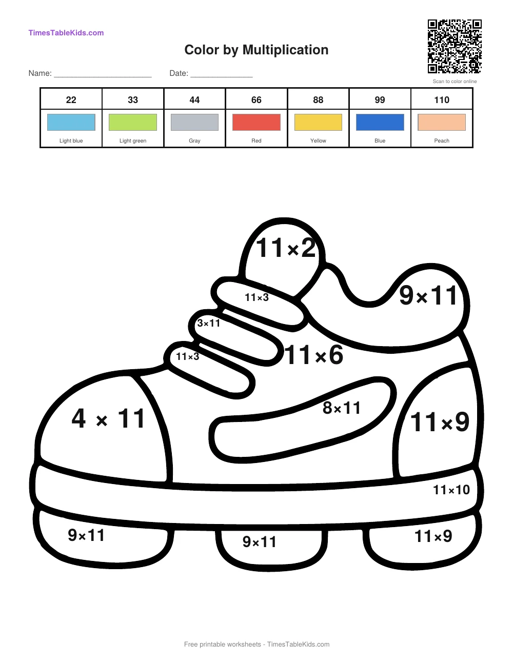 Free back-to-school multiplication color by number worksheet — 11 times table (Sneaker), printable PDF with answer key