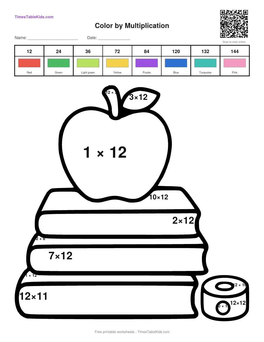Free back-to-school multiplication color by number worksheet — 12 times table (Apple & Books), printable PDF with answer key