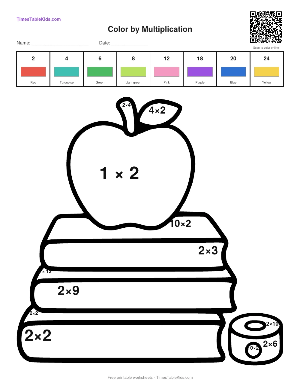 Free back-to-school multiplication color by number worksheet — 2 times table (Apple & Books), printable PDF with answer key
