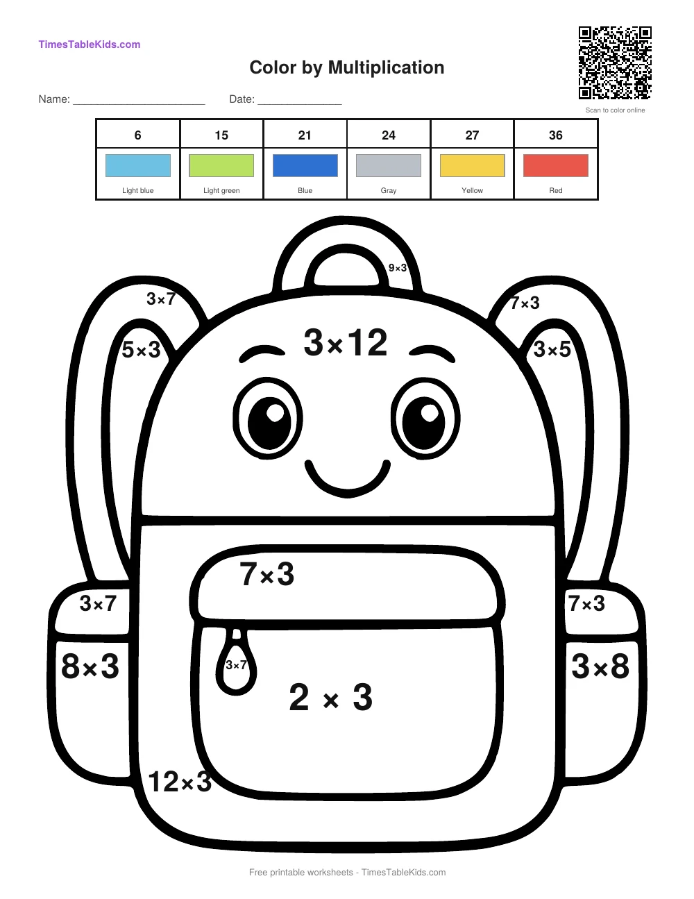 Free back-to-school multiplication color by number worksheet — 3 times table (Backpack), printable PDF with answer key