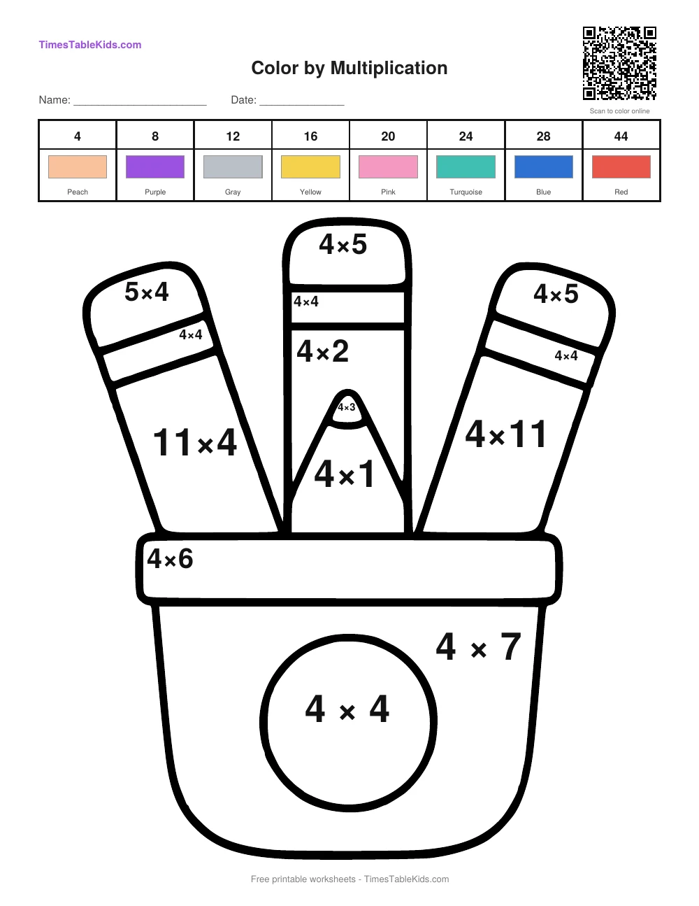 Free back-to-school multiplication color by number worksheet — 4 times table (Pencil Cup), printable PDF with answer key