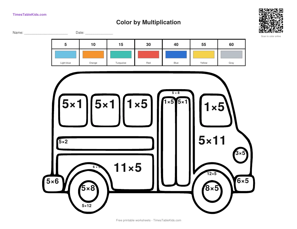 Free back-to-school multiplication color by number worksheet — 5 times table (School Bus), printable PDF with answer key