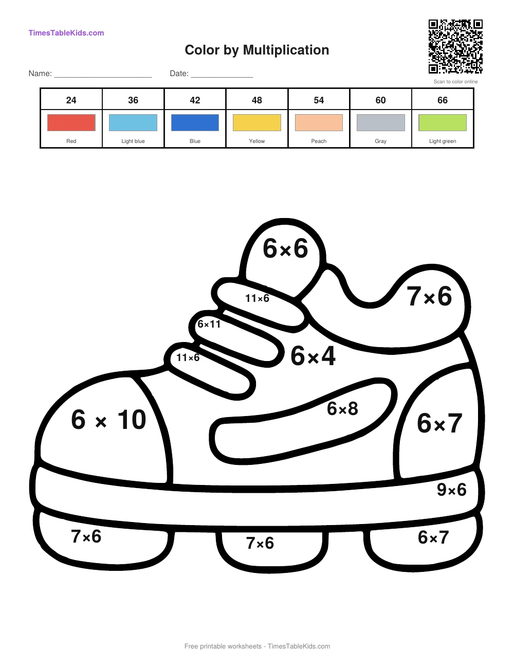 Free back-to-school multiplication color by number worksheet — 6 times table (Sneaker), printable PDF with answer key