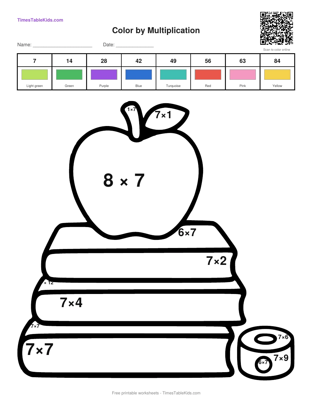 Free back-to-school multiplication color by number worksheet — 7 times table (Apple & Books), printable PDF with answer key