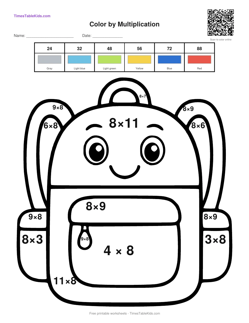 Free back-to-school multiplication color by number worksheet — 8 times table (Backpack), printable PDF with answer key