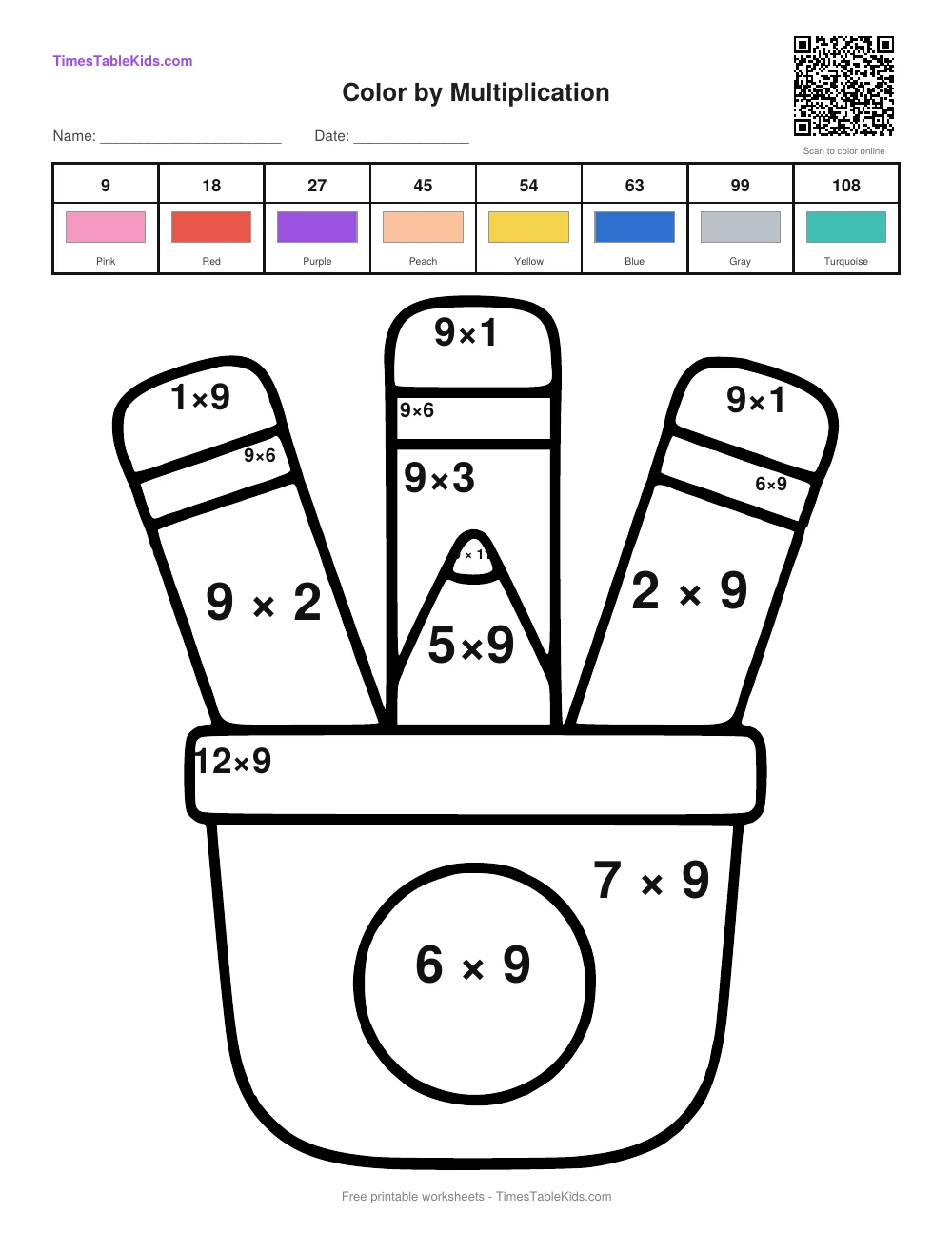 Free back-to-school multiplication color by number worksheet — 9 times table (Pencil Cup), printable PDF with answer key