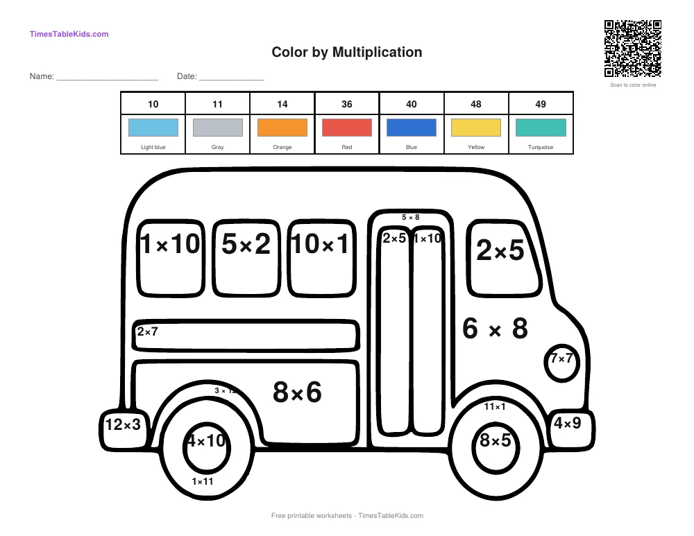 Free back-to-school multiplication color by number worksheet — mixed times tables (School Bus), printable PDF with answer key