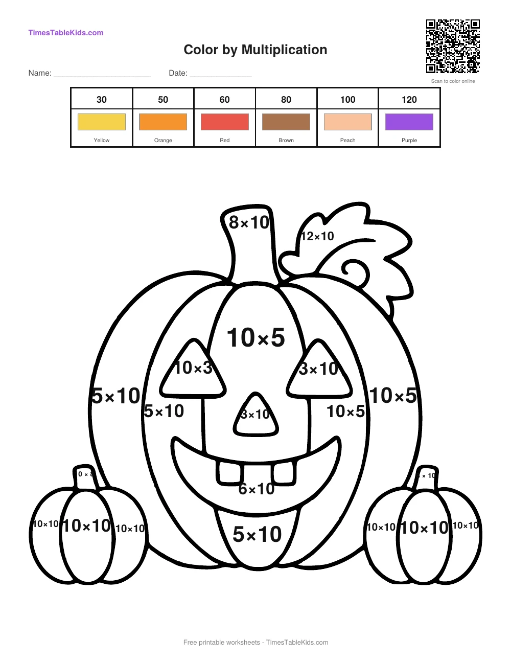 Free Halloween multiplication color by number worksheet — 10 times table (Pumpkin), printable PDF with answer key
