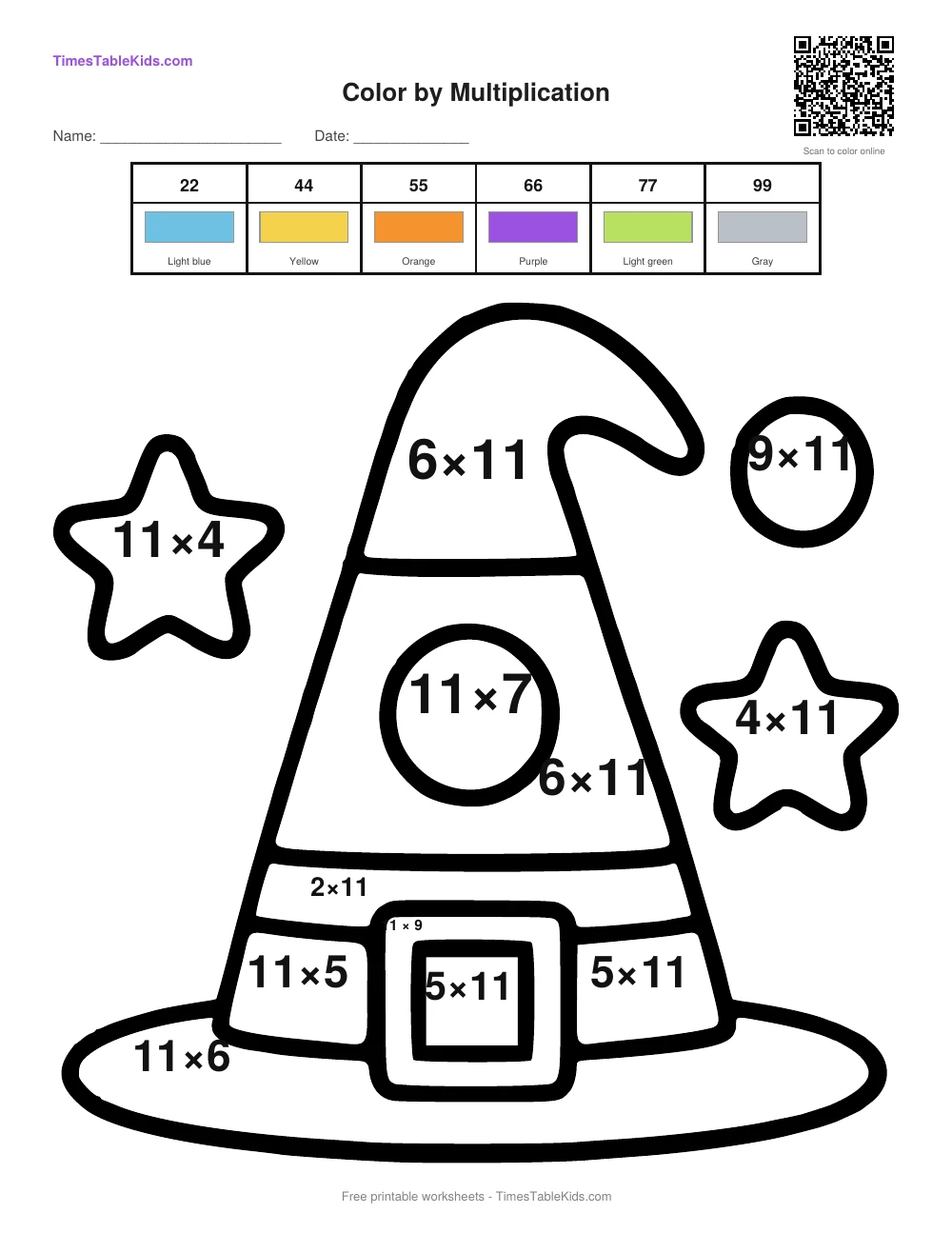 Free Halloween multiplication color by number worksheet — 11 times table (Witch Hat), printable PDF with answer key