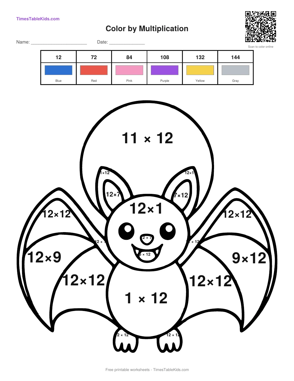 Free Halloween multiplication color by number worksheet — 12 times table (Bat), printable PDF with answer key