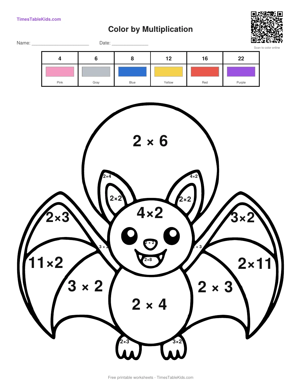 Free Halloween multiplication color by number worksheet — 2 times table (Bat), printable PDF with answer key