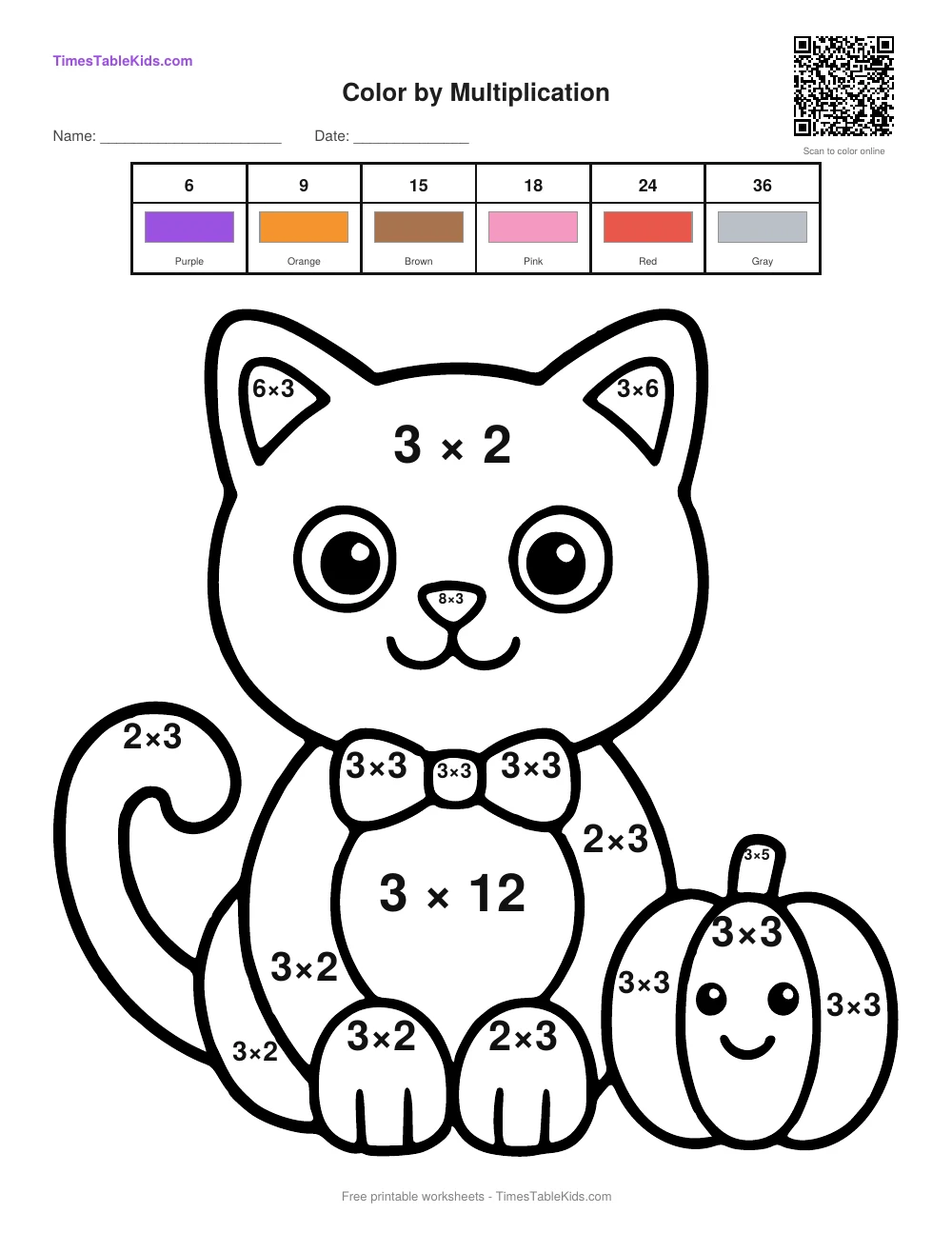 Free Halloween multiplication color by number worksheet — 3 times table (Black Cat), printable PDF with answer key