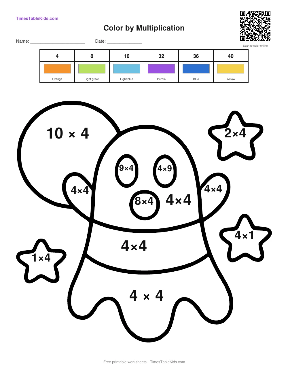 Free Halloween multiplication color by number worksheet — 4 times table (Ghost), printable PDF with answer key