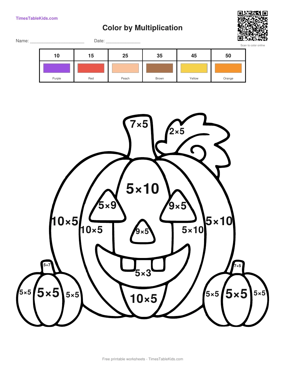 Free Halloween multiplication color by number worksheet — 5 times table (Pumpkin), printable PDF with answer key