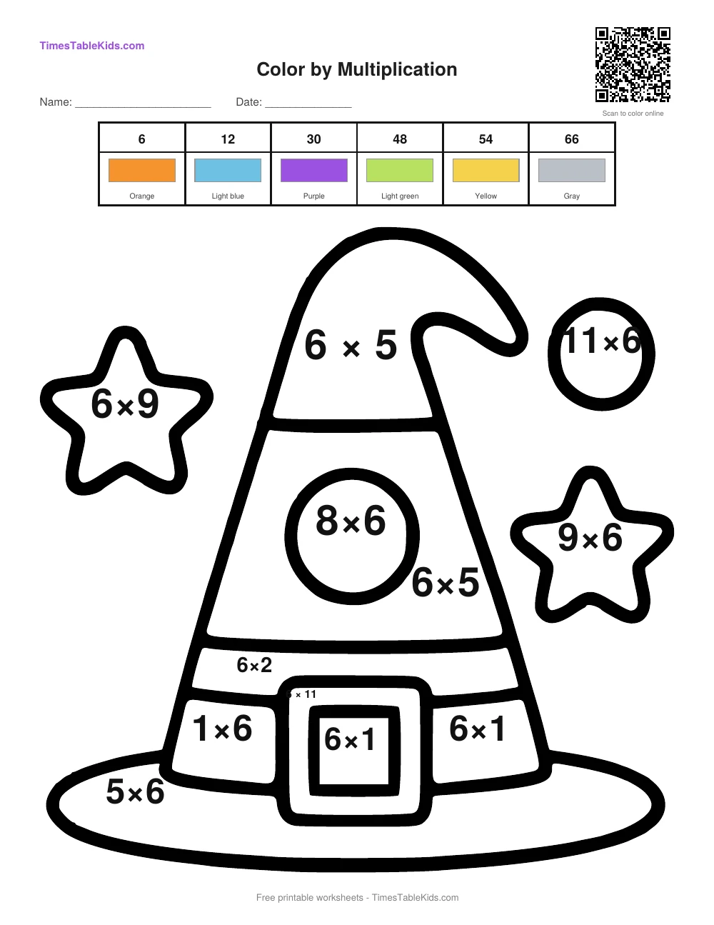 Free Halloween multiplication color by number worksheet — 6 times table (Witch Hat), printable PDF with answer key